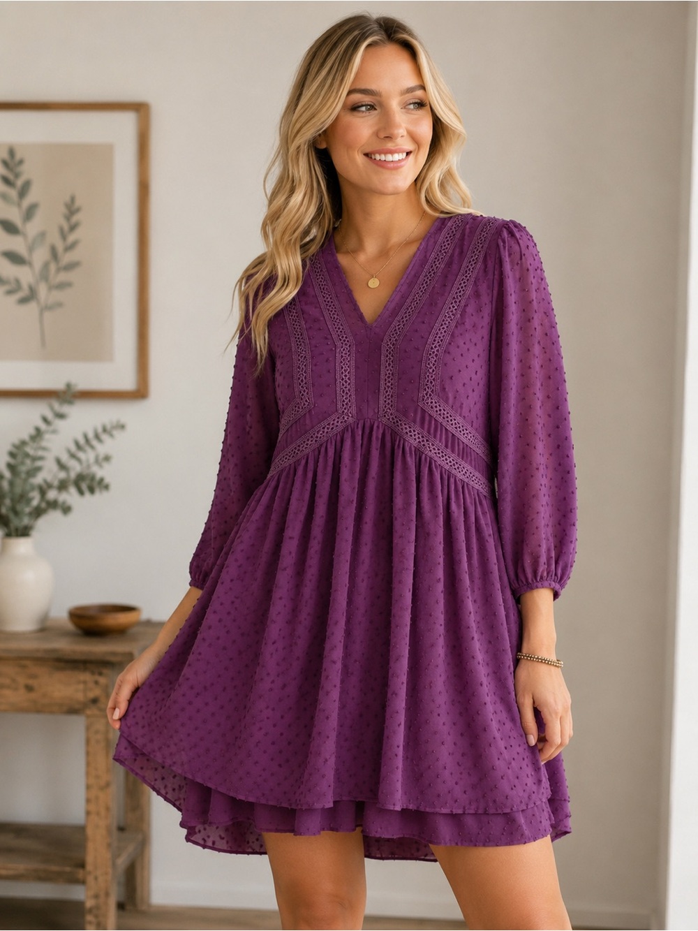 Matilda Jane Festive Fancy Swiss Dot Dress Size M Purple Lace Chiffon Boho Party